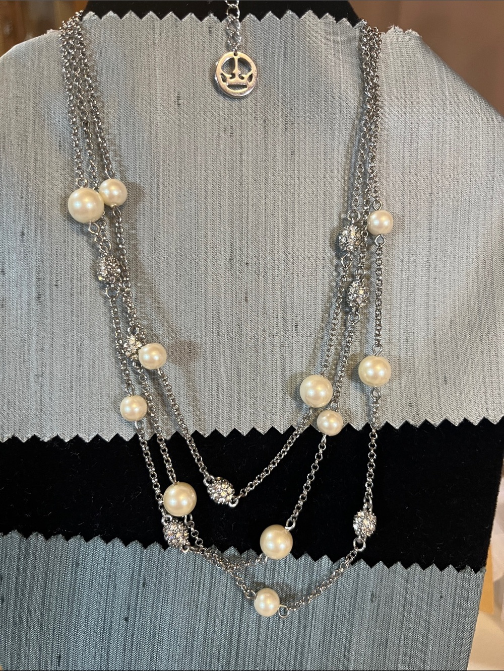 Multi-Strand Silver Pearl Necklace with Crystal Beads